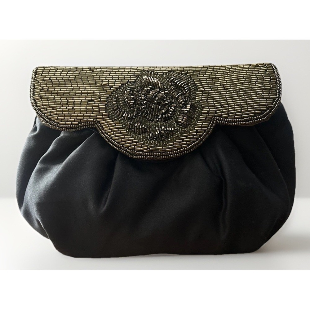 Vintage Vanessa Clutch Purse Bag Hand Brown Satin Beaded Gold Bronze